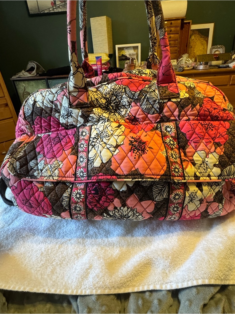 Vera Bradley Pink Orange Floral Quilted Travel Duffel
